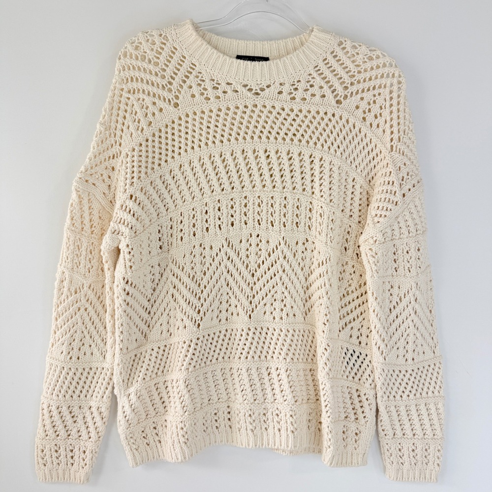 rag & bone Renee Crewneck Sweater Womens Small Ivory Open Weave Pointelle Cotton - Picture 3 of 10